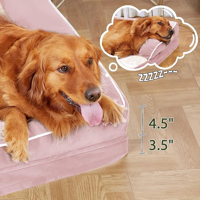 Orthopedic Dog Beds for Large Dogs, Waterproof Dog Beds, Memory Foam Dogs Couch Beds, Comfy Bolster Pet Beds with Removable Washable Cover, Nonskid Bottom (Large,Pink)