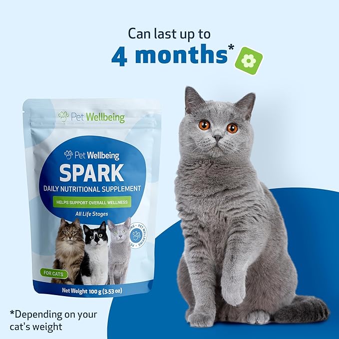 Pet Wellbeing Spark Daily Nutritional Greens Superfood for Cats - Probiotics, Prebiotics, Digestive Enzymes, Amino Acids, Antioxidants, Vitamin D, Spirulina - Veterinarian-Formulated 3.53 oz (100 g)