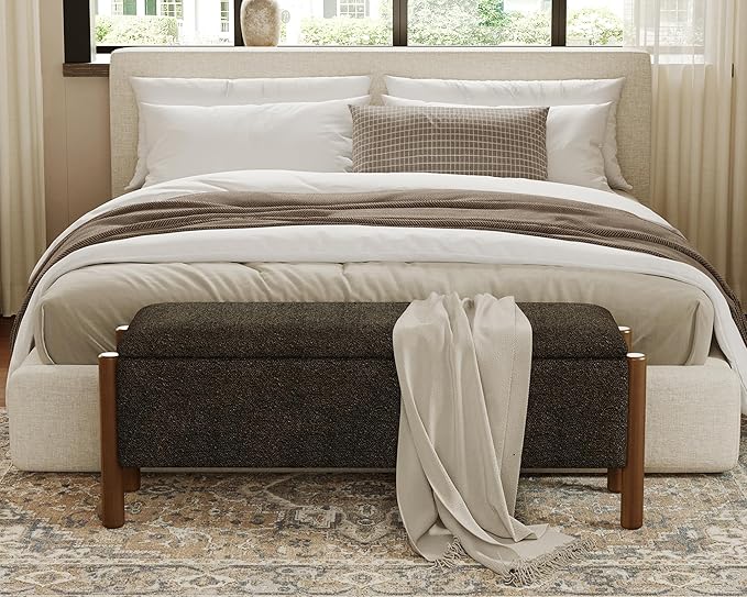 Storage Ottoman Bench, End of Bed Bench for Bedroom, 47" Boucle Upholstered Entryway Shoe Seat Benchs, Holds up to 660 lb Storage Ottoman, Padded Blanket Chest Stool Foot Rest for Living Room Grey