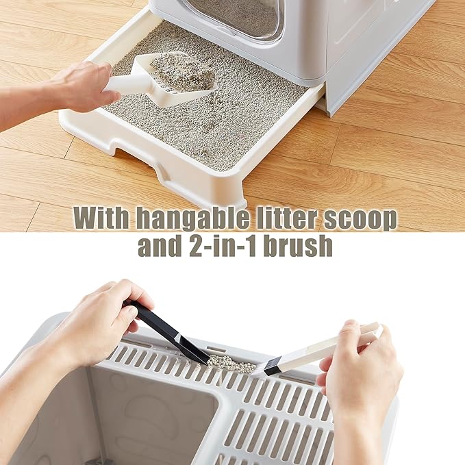 Gefryco Litter Box with Lid for Small to Medium Cats, Enclosed Cat Litter Box with Cover,High Sided Top Entry Cat Box with Brush and Scoop, Cute Kitty Litter Pan with Drawer for Growing Kittens(Grey)