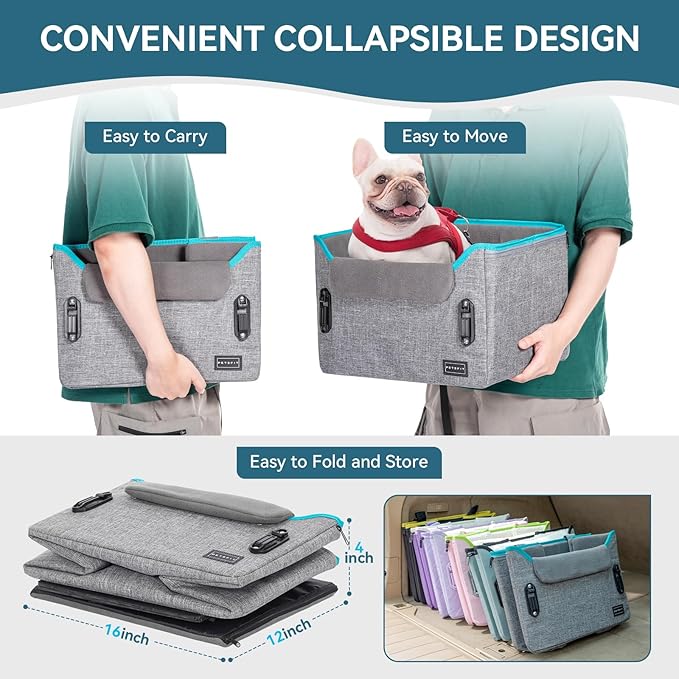 PETSFIT Dog Car Seats for Small Dogs, Patent Safety Buckles Dog Booster Car Seat, Dog Carseat with Safety Belt, Suitable for Small Pets Up to 25lbs (Grey)