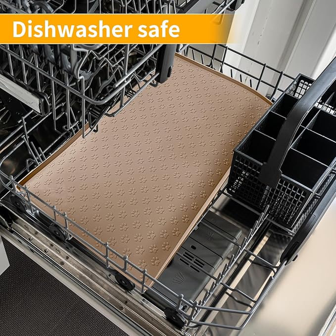 Ptlom Silicone Dog Food Mat Waterproof Pet Feeding Mat with High-Lips, Anti-Slip Dog Bowl Mat for Food & Water, Non-Spill Puppy Feeding Tray for Small, Medium & Large Dogs and Cats, Taupe