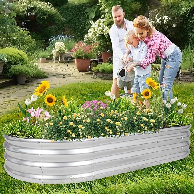 1MORE Galvanized Raised Garden Bed- Planter Garden Boxes Outdoor, Raised Beds for Gardening, 6x3x1ft Metal Garden Bed Kit for Vegetables Flower, Planter Raised Bed with Protective Tape & Tools.Silver