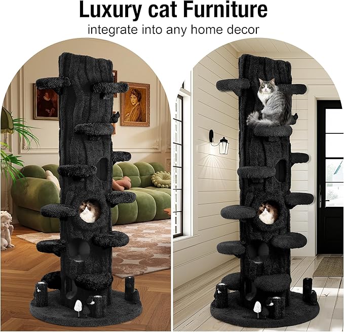 Super Large Cat Tree for Indoor Cats, All-in-One Tall Cats Tower with Scratching Post, Luxury Multi-Level Solid Wood Cat Condo for Multi-Cat Families (Black)