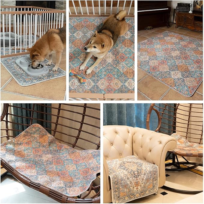 nunubaby Washable Pee Pads for Dogs, Stylish, Non-Slip and Leak-Proof Pee Pads. Reusable Potty Pads for Dogs for Crates and Floors.(Brown/Geo, 54" x54")