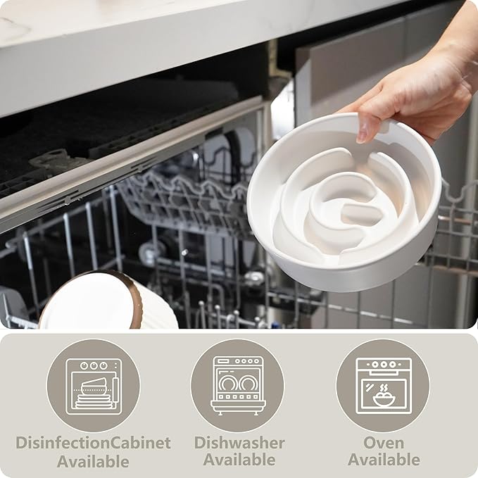 Ceramic Slow Feeder and Water Bowl Set for Small Dogs, Ceramic Dog Bowls Elevated with Wooden Stand, 0.6 Cups Dog Slow Feeder(14oz) and 30oz Water Bowl Set, White