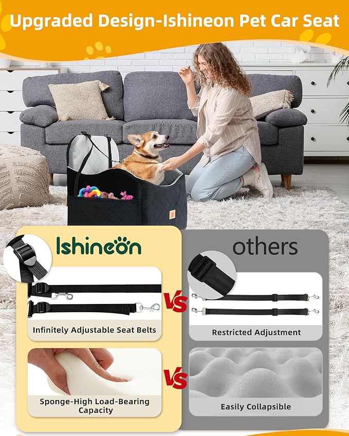 Car Seat Booster for Dog: High-Support Memory Foam Pet Car Seat for Small/Medium Dogs Under 35lbs with Elevated Cushion, Pockets - Detachable Washable Puppy Travel Bed for Driving(Black/Grey)