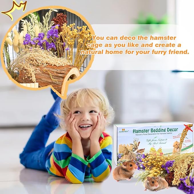 Natural Hamster Bedding, Hamster Herbs Flowers for Hamster Cage Enclosure Habitat Decor Hamster Sprays for Dwarf Syrian Guinea Hamsters Gerbil Degus or Other Small Animals(Flower Grain Version)