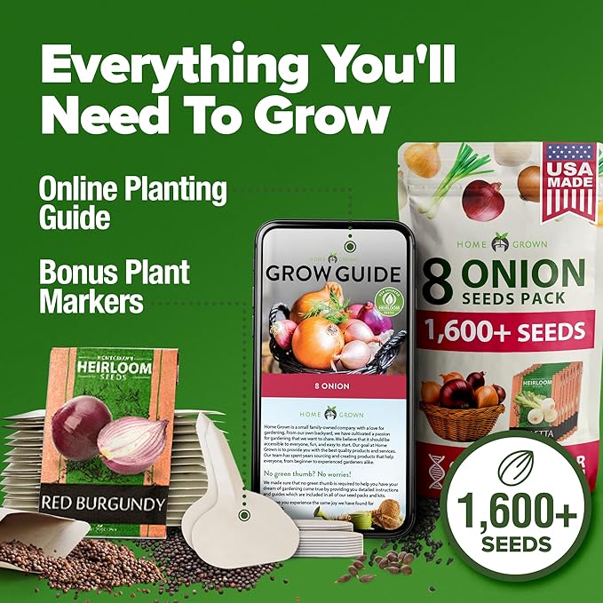 HOME GROWN π¨π¦π π£π₯ππ ππ¨π 8 Onion Seeds for Planting β 1,600 Heirloom π‘π’π‘-ππ π’ Vegetable Seeds β Grow Sweet, Yellow, Red, Spanish, Green & Vidalia Onions in Outdoor or Indoor Home Garden