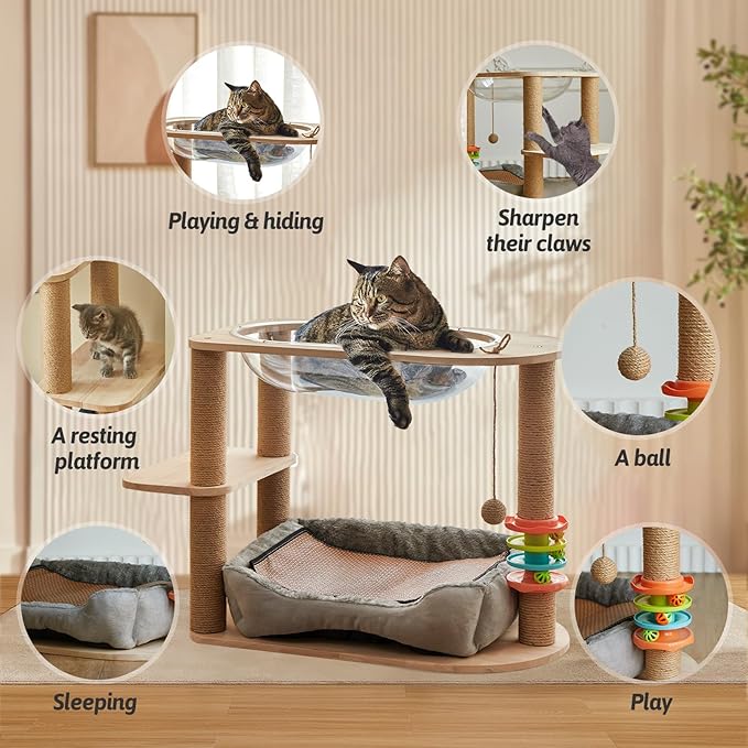 2 Tier Cat Tower,21.85 in cat Perch Wood cat condo with Hammock and Sisal Rope Scratcher Post Hanging Toy Balls for Indoor Large Cats Kittens (Grey)