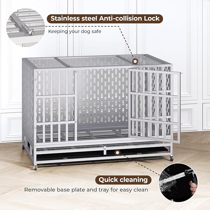 48 Inch Heavy Duty Indestructible Dog Crate Steel Escape Proof, Indoor Double Door High Anxiety Cage, Kennel with Wheels, Removable Tray,Silver,Extra Large XL XXL