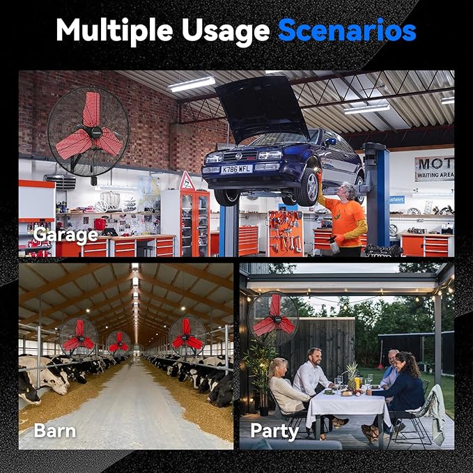 Pro 9500 CFM 24" Outdoor IP44 Waterproof Wall Mount Fan, 3-Speed Oscillating Metal Fans with Enclosure Motor, Heavy Duty Wall Fan for Patio, Warehouse, Garage, and Jobsite