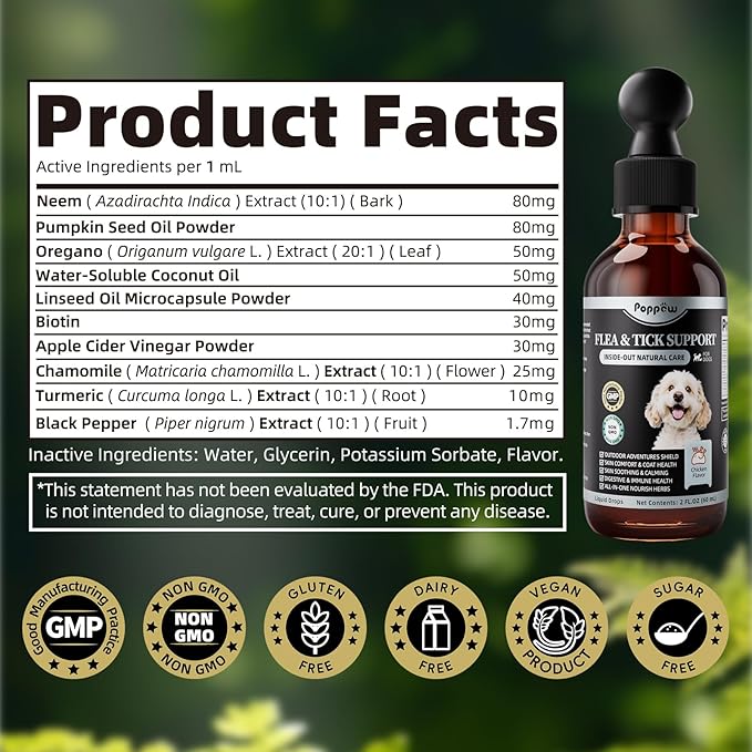 Dog Flea and Tick Support, Natural Herbal Flea & Tick Comfort for Dogs, Flea Liquid Drops Supplement for Dogs with Neem, Oregano, Pumpkin Seed Oil - Chicken Flavor, 2 FL.Oz - All Breeds & Sizes