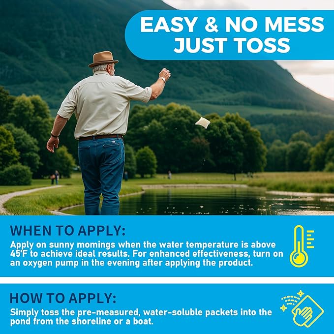 Pond Clarifier Treatment – 12 Packets Natural Pond Water Clear for Outdoor Lakes – Beneficial Enzymes to Improve Water Clarity & Eliminate Odor – Treats Up to 144000 Sq Ft