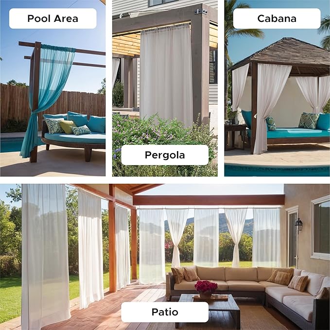 All Weather White Outdoor Sheer Curtains for Patio Waterproof 6 Panels Rod Pocket Indoor Sheer Voile Curtains for Porch, Balcony, Gazebo, Pergolas, 100x84 Inch