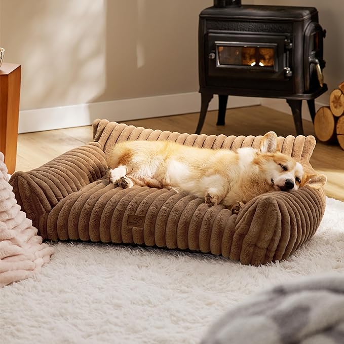 Bedsure Cute Dog Couch for Pets - Fluffy Dog Sofa with Premium Soft Corduroy Fleece, Pet Couch Bed with Washable Cover, Supportive Pet Sofa Bed for Medium Large Dogs, 36in, Copper Brown