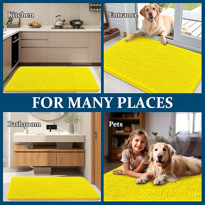 OLANLY Dog Door Mat for Muddy Paws 44x24, Absorbs Moisture and Dirt, Absorbent Non-Slip Washable Doormat, Quick Dry Chenille Mud Mat, Entry Indoor Entryway Carpet for Inside Floor, Lemon Yellow