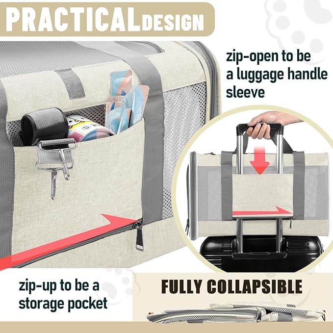 Pet Carrier for Large Cat 20 lbs+ / Soft Sided Small Dog 12 Pounds Travel Crate Top Load/Collapsible Kitty Carry Bag Big Kitten Mesh/Sturdy Animal Transport cage Kennel Long Trips Beige