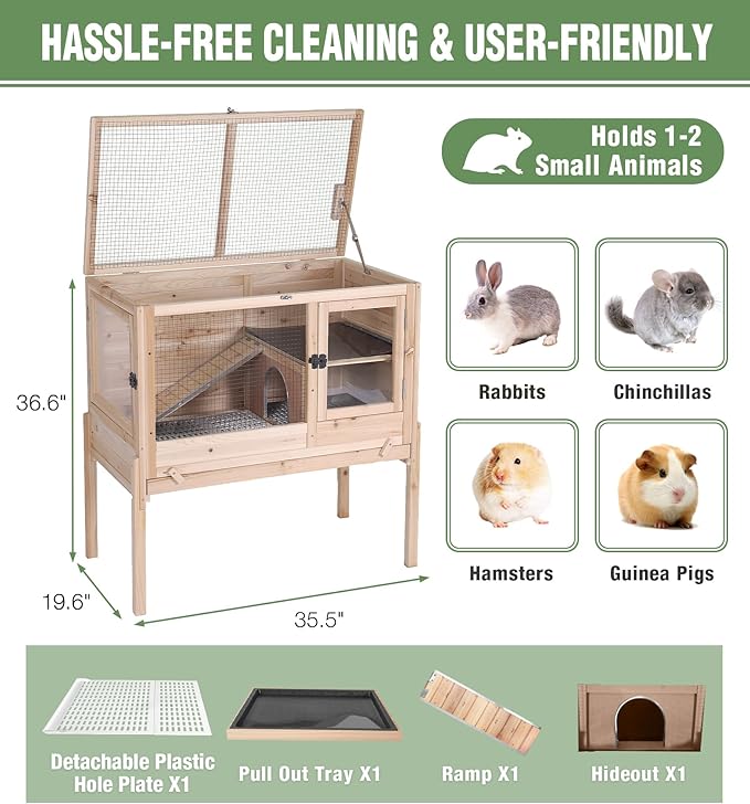 GUTINNEEN Guinea Pig Cage Rabbit Cage Indoor with Chew-Proof Edges, Clean Deep Tray, Leakproof PVC Layer, Small Animals Cage with Adjustable Legs - Natural Wood Color