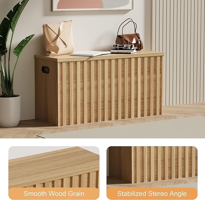 UEV Storage Bench,39.4" Wood Box, Storage Trunk with 2 Safety Hinges, Ottoman Storage Chest, Fluted Storage Bench for Bedroom, Entryway, Living Room(Natural Wood)