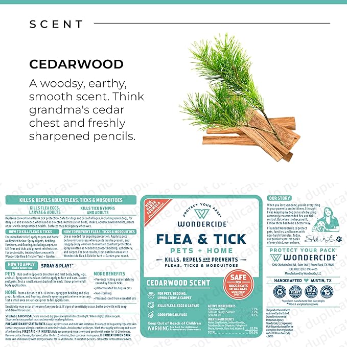 Wondercide - Flea, Tick & Mosquito Spray for Dogs, Cats, and Home - Flea and Tick Killer, Control, Prevention, Treatment - with Natural Essential Oils - Pet and Family Safe - Cedarwood 128 oz