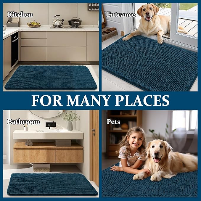 OLANLY Dog Door Mat for Muddy Paws 30x17, Absorbs Moisture and Dirt, Absorbent Non-Slip Washable Doormat, Quick Dry Chenille Mud Mat, Entry Indoor Entryway Carpet for Inside Floor, Atlantic Blue