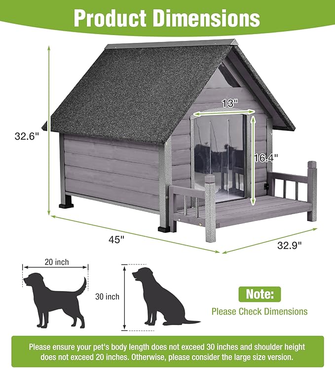 GUTINNEEN Insulated Dog House Outdoor, Waterproof Dog Kennel with Anti-Bite Design, Asphalt Roof, Elevated Base, PVC Curtain, for Small to Medium Dogs - Grey