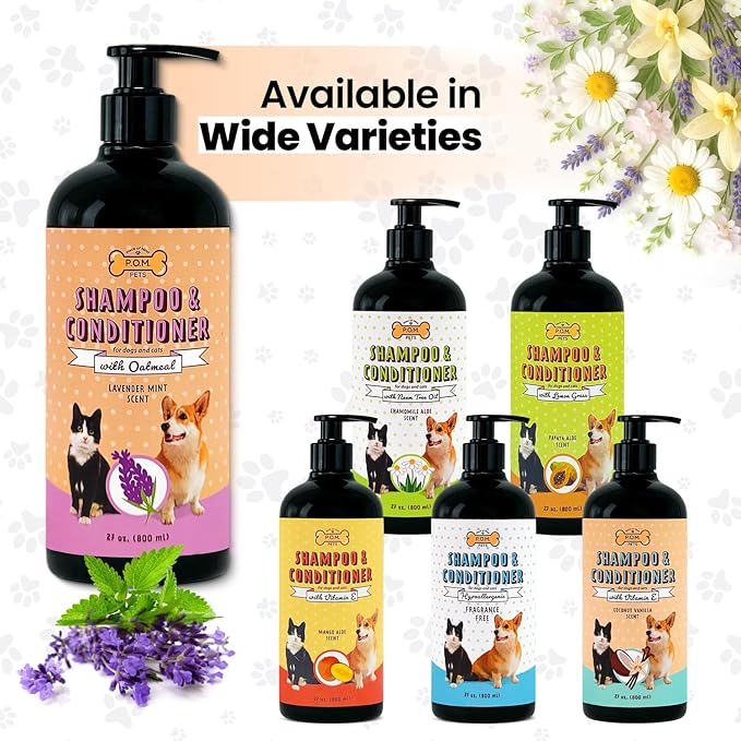 POM Pets 2-in-1 Organic Dog Shampoo & Conditioner – Itchy Skin Relief, Dog Deshedding, Detangles Fur, Cat Shampoo, Paw Cleaner for Dogs, Natural Coat Defense Formula