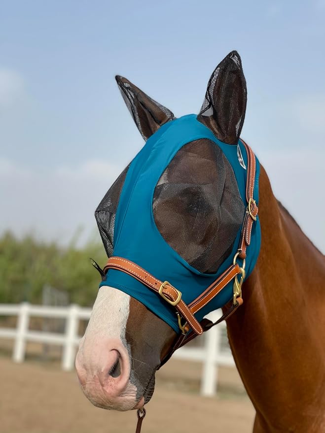 Horse Fly Mask Super Comfort Horse Fly Mask Elasticity Fly Mask with Ears We Only Make Products That Horses Like… (Dark Green, L)