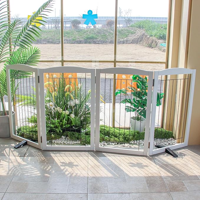 ZJSF Freestanding Dog Fence Indoor, Foldable Dog Gate for Doorways, Stairs or Hallways, Sturdy Wood Extra Wide Pet Gate with Support Feet for The House, White, 32 "Height-4 Panels