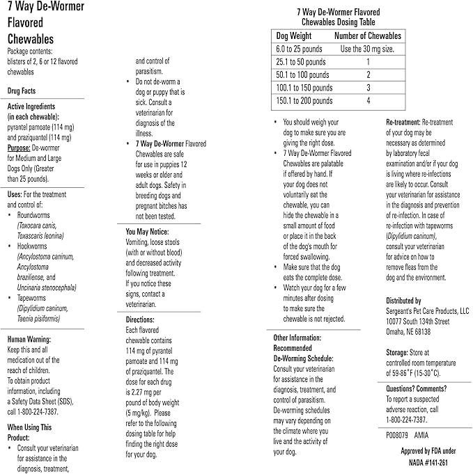 PetArmor 7 Way De-Wormer for Dogs, Oral Treatment for Tapeworm, Roundworm & Hookworm in Large Dogs & Puppies (Over 25 lbs), Worm Remover (Praziquantel & Pyrantel Pamoate), 2 Flavored Chewables