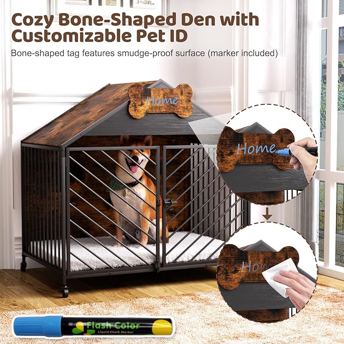 Heavy Duty Dog Crate Furniture for Large Breed - 39.4" Chew-Proof Kennel with Gable Roof, Double Door Escape-Proof Indoor Dog Cage, Rustic Brown