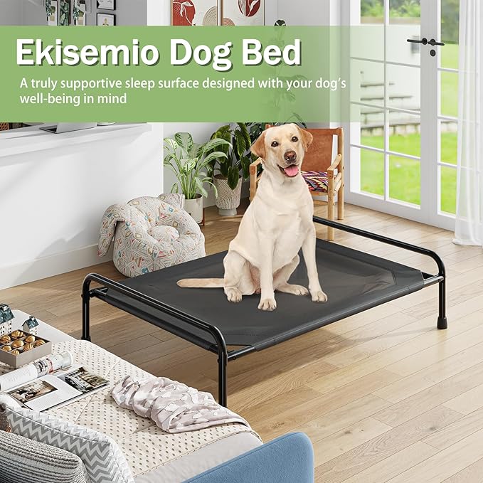 Raised Dog Bed, Outdoor Dog Bed for Dogs, Cooling Elevated Pet Cot, Durable and Sturdy Pet Bed, Waterproof Mesh Cover Raised Metal Frame, Non Slip, Black