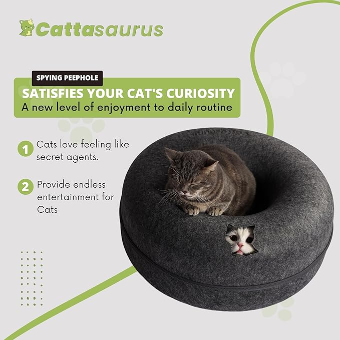 CATTASAURUS Peekaboo Cat Cave for Multiple & Large Cats Up to 30-45 Lbs, Scratch Detachable & Washable Tunnel Bed, Comfy Donut Cat Cave (Dark Gray + Dark Gray, Large)