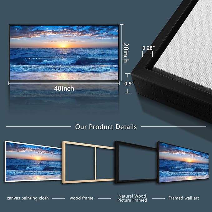 Wapluam Canvas Wall Art For Living Room Large Wall Decor For Bedroom Office Wall Decorations Blue Ocean Beach Wall Painting Sunny Sea View Wave Wall Pictures Artwork Room Home Decor Black Framed