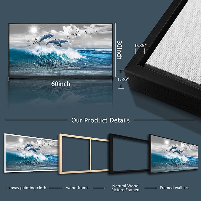 Wapluam Large Wall Art For Living Room Wall Decorations For Bedroom Blue Waves Of The Sea Wall Pictures Artwork Modern Office Dolphins Canvas Print Wall Paintings Black Framed Home Decor Poster