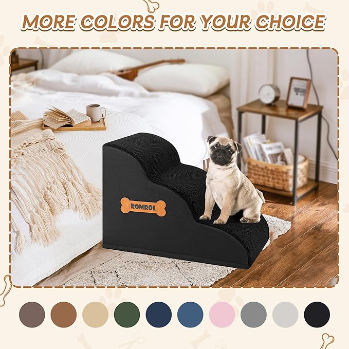 Romrol Dog Stairs Ramp for High Beds Couches, High Density Foam Pet Steps with Durable Non-Slip Waterproof Fabric Cover, Dog Stairs for Small Dogs or Cats or Pets, 3-Step,15 Inch,Black