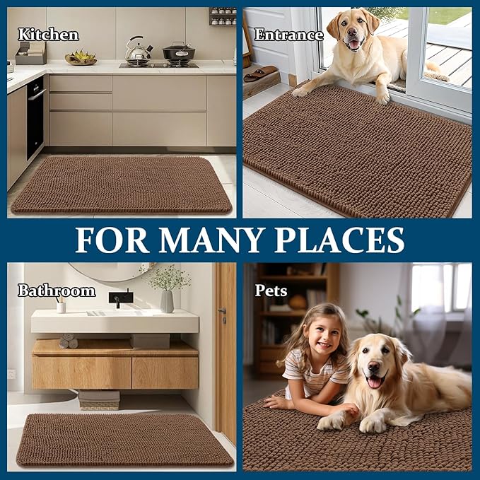 OLANLY Dog Door Mat for Muddy Paws 30x20, Absorbs Moisture and Dirt, Absorbent Non-Slip Washable Doormat, Quick Dry Chenille Mud Mat for Dogs, Entry Indoor Entryway Carpet for Inside Floor, Mocha