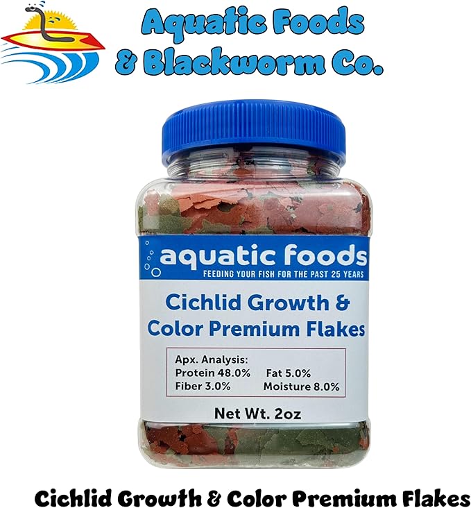Aquatic Foods Inc. Premium Cichlid Growth and Color Enhancing Flakes with Spirulina, Color Enhancing Astaxanthin Also Pellet Mix, Wafer Mix Included…2oz