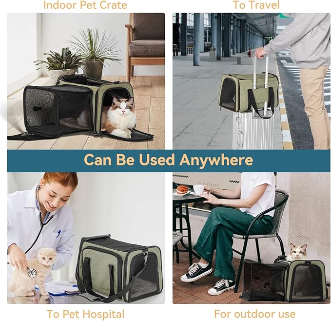 Petsfit Top Load Expandable Dog Carrier for Small Dog, Medium Cat, Or 2 Small Cats with Comfy Pad, Escape Proof, Easy Storage, Washable, Fit for Vet Visit and Outdoor, 19"X12" X12", Green