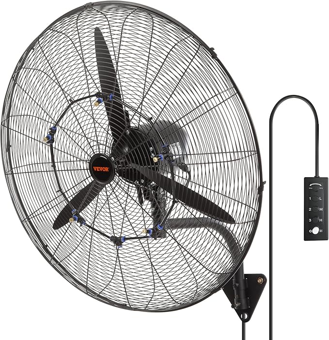 VEVOR 30 Inch Wall-Mount Misting Fan, 3-speed IP44 Waterproof Oscillating, Max. 9500 CFM Wall Mounted Fan for Outdoor, Commercial, Residential, Greenhouse, Workshop, Patio, Black, ETL Listed