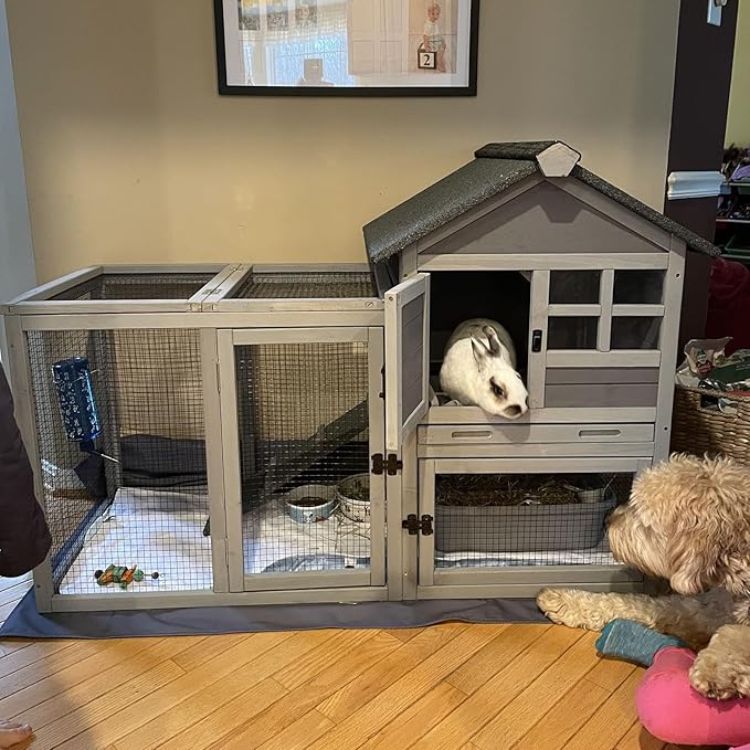 GUTINNEEN Rabbit Hutch Indoor Chicken Coop Outdoor, 51.6''L 2 Story Bunny Cage Weatherproof, Guinea Pig House with Run (Grey)