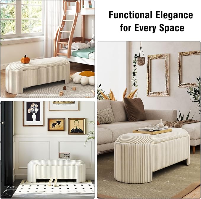 Storage Ottoman Bench Upholstered Corduroy End of Bed with Safety Hinge for Bedroom, Living Room, Entryway, Closet, Stool Modern Design Legs, No Installation Needed, White