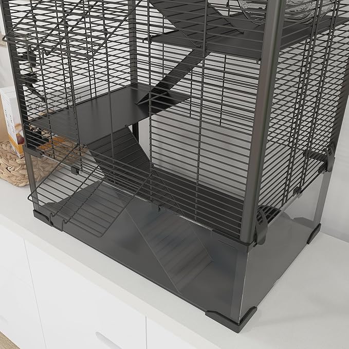 PawHut Large Hamster Cage with Deep Tempered Glass Bottom, 4 Tiers Hamster Tank with Running Wheel, Hut, Water Bottle, Dish, Rat Cage for Syrian, Dwarf, Gerbils, Mouse, 24" x 16" x 31.5", Black
