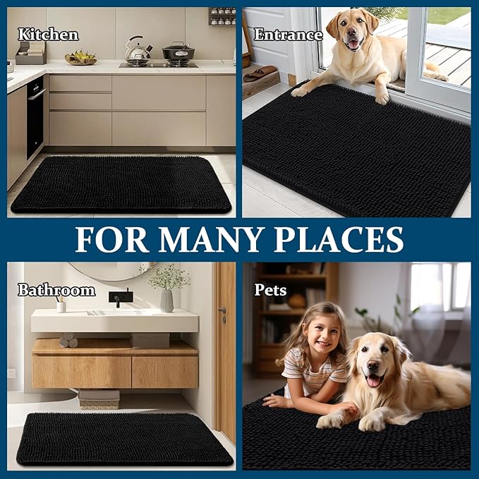 OLANLY Dog Door Mat Set 2-Piece 36x24, Absorbs Moisture and Dirt, Absorbent Non-Slip Washable Doormat, Quick Dry Chenille Mud Mat for Dogs, Entry Indoor Entryway Carpet for Inside Floor, Black