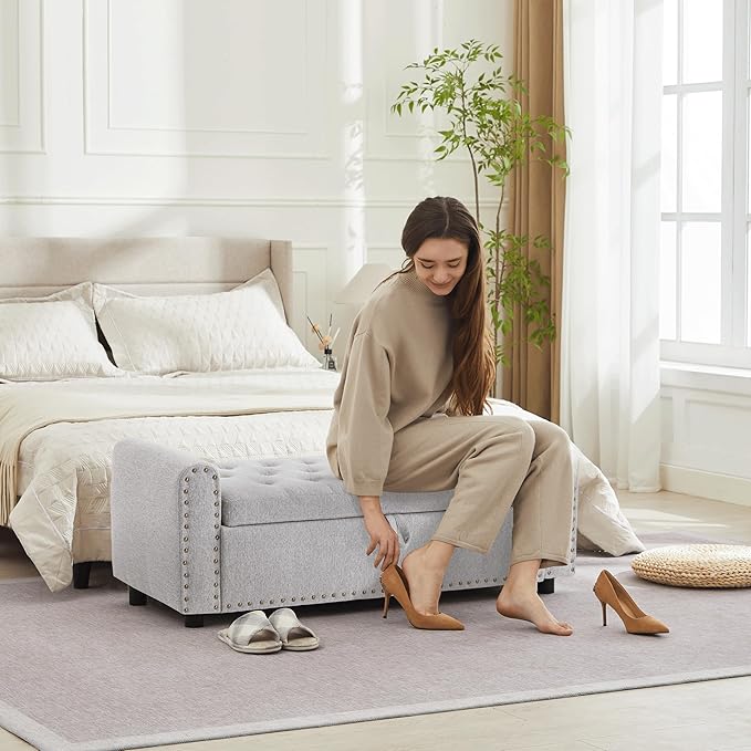 Ottoman with Storage, Tufted Storage Bench for Bedroom, 48" Fabrics End of Bed Bench, Upholstered Entryway Shoe Benches with Rolled Arm & Inner Zipper, Window Ottomans Chest with Rivets, Light Grey