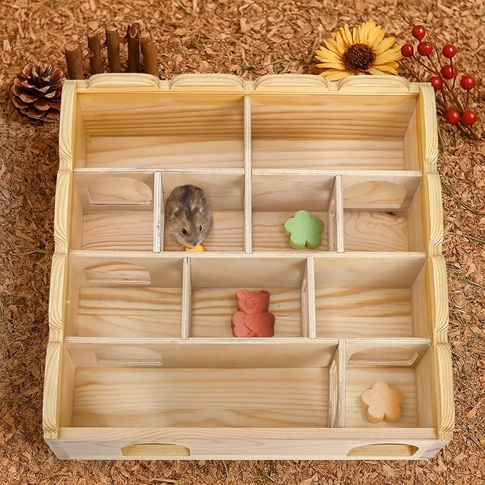 ZENFUN Wooden Hamster Maze with Clear Acrylic Cover, Multi-Chamber Hamsters Hide Tunnel Cage, Hideout Tunnel Toy Shed and Explore Toy for Dwarf Hamsters Mice Small Gerbil(Free-Installation)
