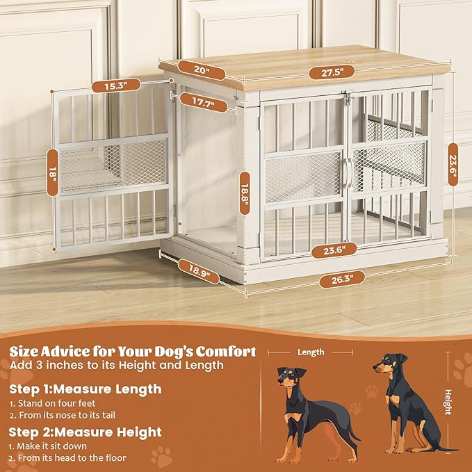 VOPEAK 27.5" Dog Crate Furniture, Chew Resistant Dog Crate for Small Dogs Puppy, Heavy Duty Dog Crates Dog Kennel Cage Indoor with Double Doors, Wooden End Table for Bedroom Living Room, White