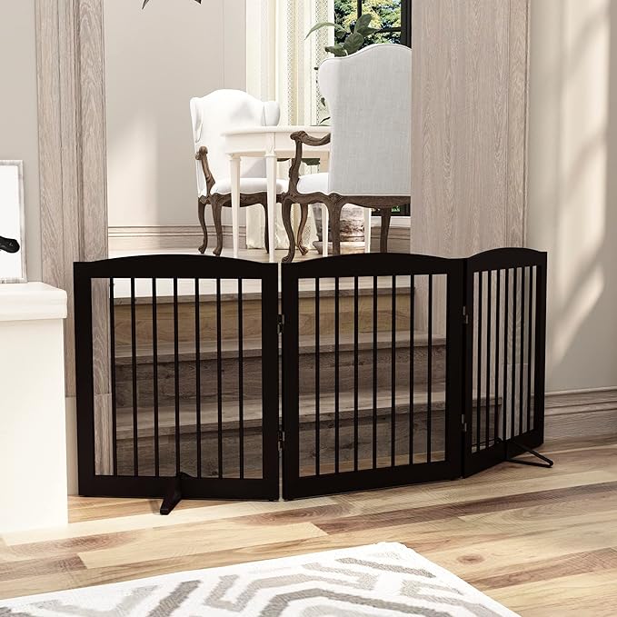 Freestanding Pet Gate for Dogs, Foldable Wooden Dog Gate for House, Indoor Dog Gate for Doorways, Stairs, Gates for Dogs Indoor, Support Feet Included, 24" Height 3 Panels, Brown