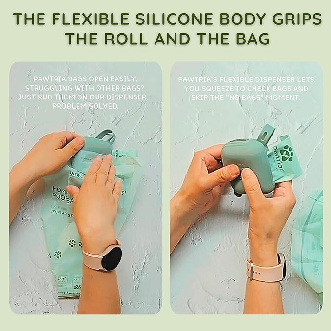 Pawtria Eco Duo Set: Home Compostable Dog Poop Bags (120) + Premium Silicone Dog Poop Bag Dispenser (3.25"H X 2.75"L), BPA-Free, Leak-Proof, Biodegradable, Zero Waste, Supports Rescue Dogs